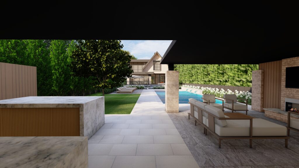 Modern cabana with an outdoor kitchen and fireplace area. Next to a pool with a modern house in the background.