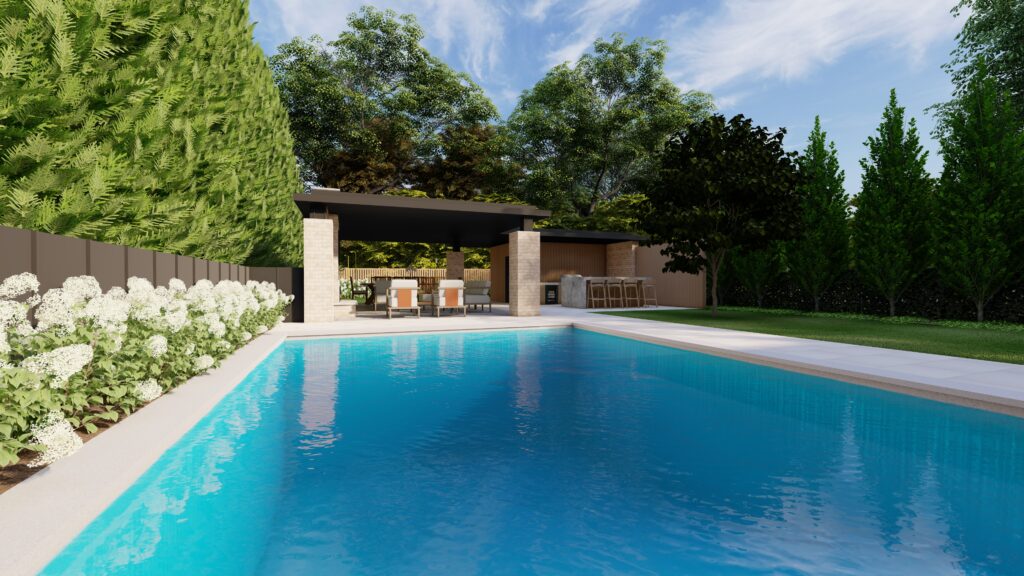 Modern Cabana at the end of a pool. 