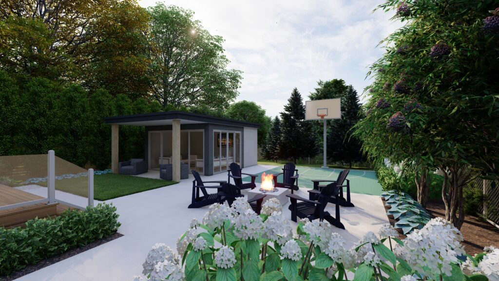 Modern Backyard with cabana, firepit, and basketball court.