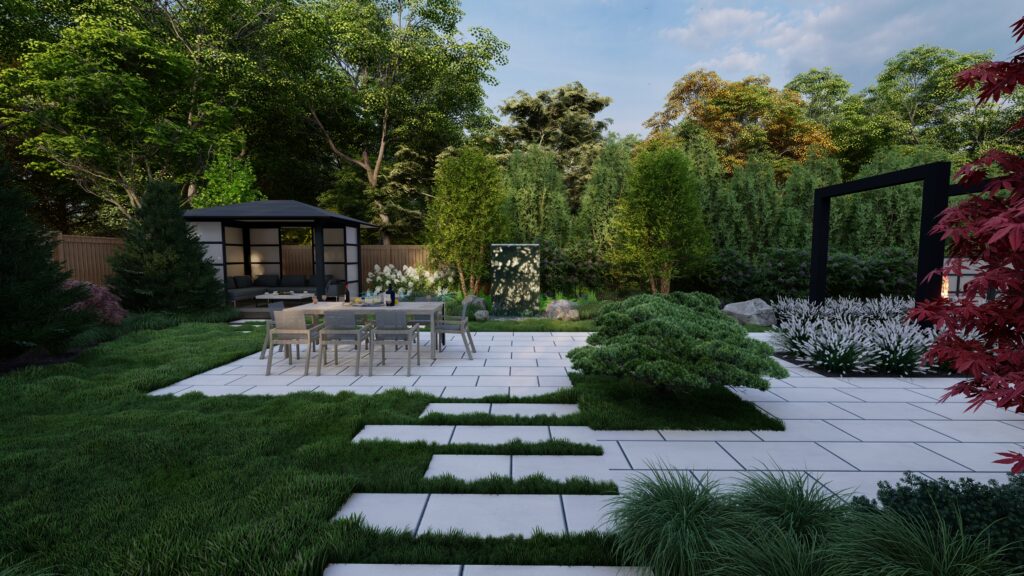 Modern japanese inspired landscape with offset slab pavers and outdoor dinning table. 