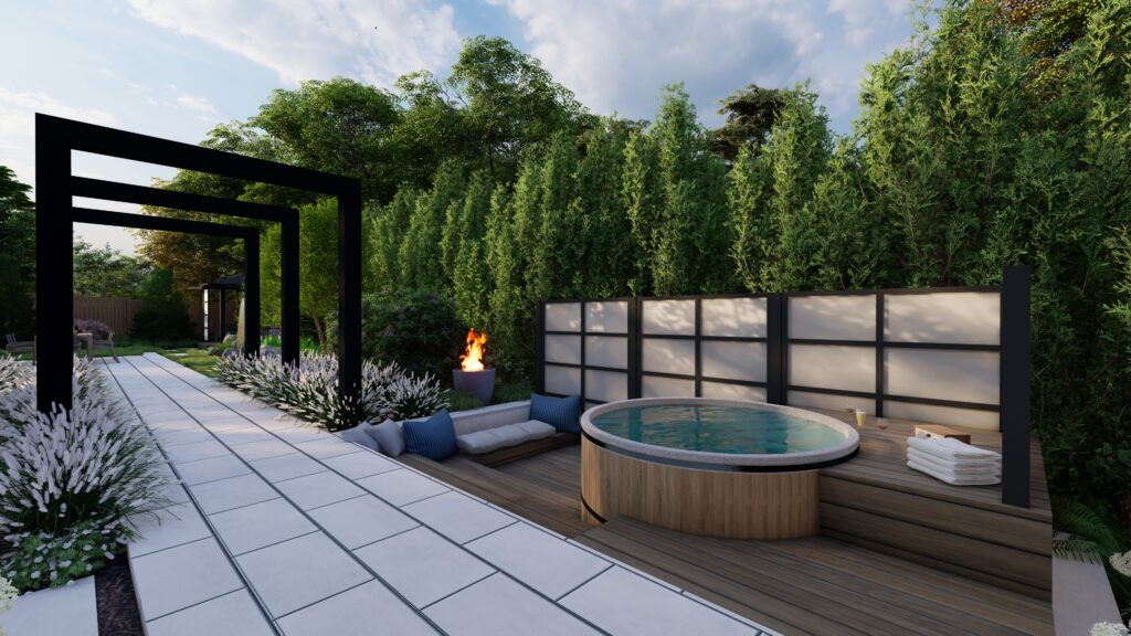 Japanese Modern sunken hot tub with a fire bowl. 